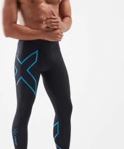 2XU - Men's MCS Run Compression Tights - Black/Ultra Aqua Reflective